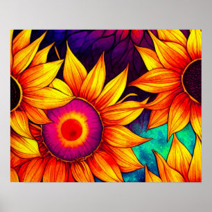 Elegant Colourful Sunflower Flower Power Artwork   Poster