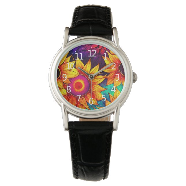 Elegant Colourful Sunflower Flower Power Artwork | Watch (Front)