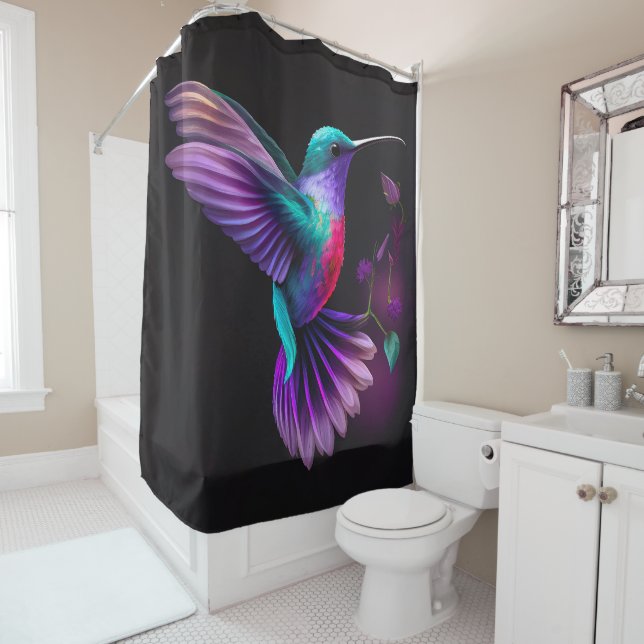 Elegant Colourful Teal Purple Hummingbird Artwork  Shower Curtain (In Situ)