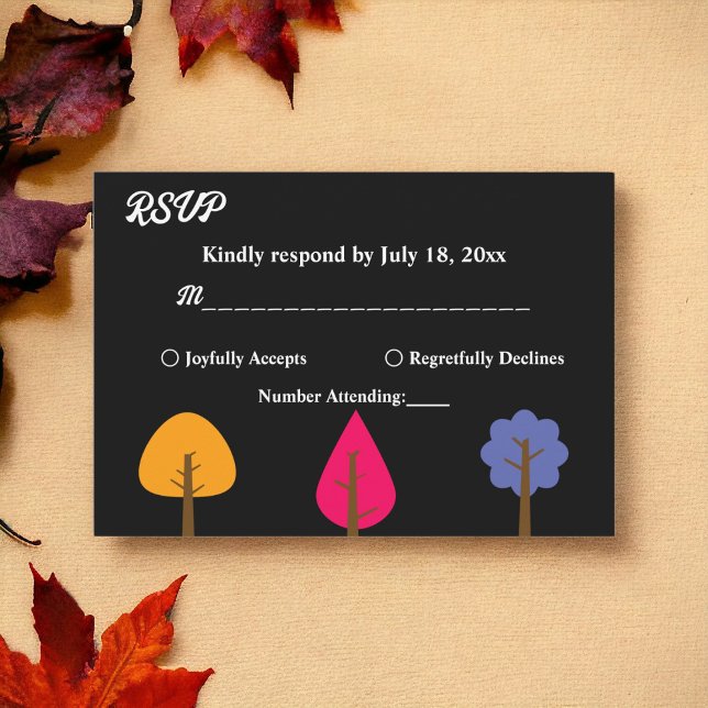 Elegant Colourful Trees Rustic Black Fall Wedding RSVP Card (Creator Uploaded)