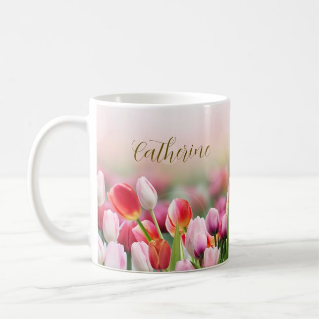Elegant Colourful Tulip Florals Custom Name  Coffee Mug (Left)