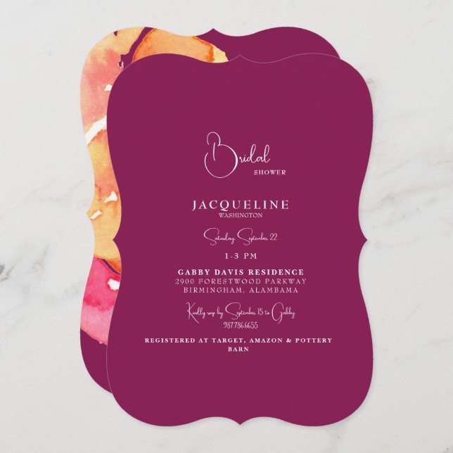 Elegant Colourful Watercolor Bridal Shower  Invitation (Front/Back)