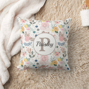 Elegant Colourful Watercolor Floral Leaf Monogram Cushion