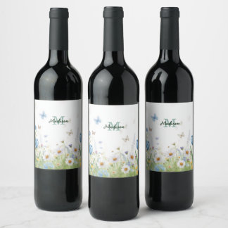 Elegant Colourful Wildflower Flower blue butterfl Wine Label