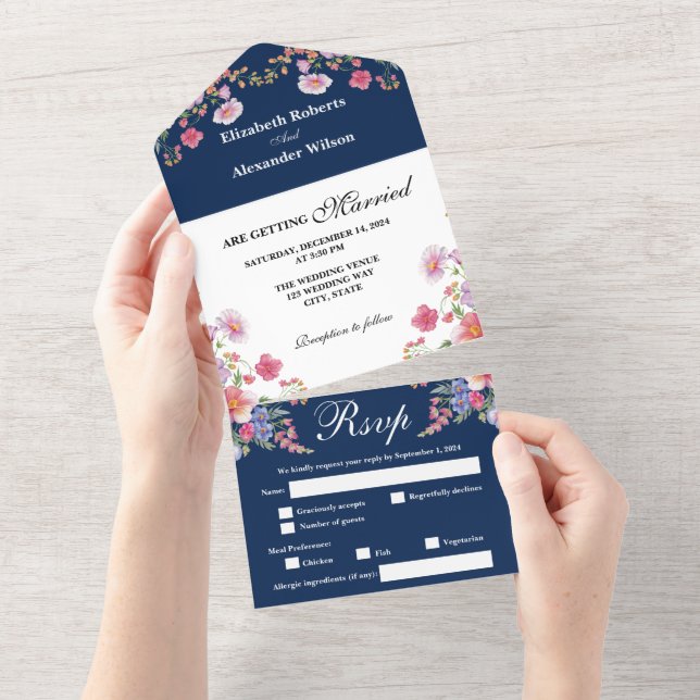 Elegant Colourful Wildflower Midnight Blue Wedding All In One Invitation (Tearaway)