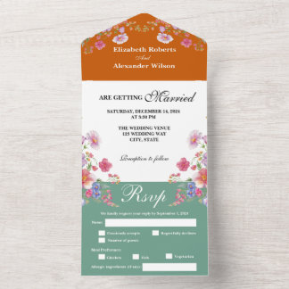 Elegant Colourful Wildflower Orange Green Wedding All In One Invitation
