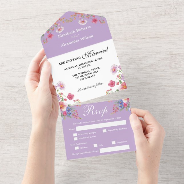 Elegant Colourful Wildflower Purple Wedding All In One Invitation (Tearaway)