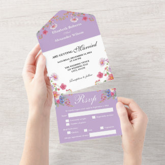 Elegant Colourful Wildflower Purple Wedding All In One Invitation