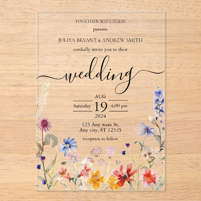 Elegant colourful wildflower  wedding  acrylic invitations (Front)