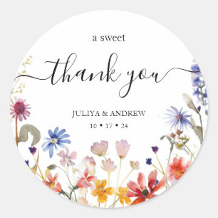 Elegant colourful wildflower wedding classic round sticker