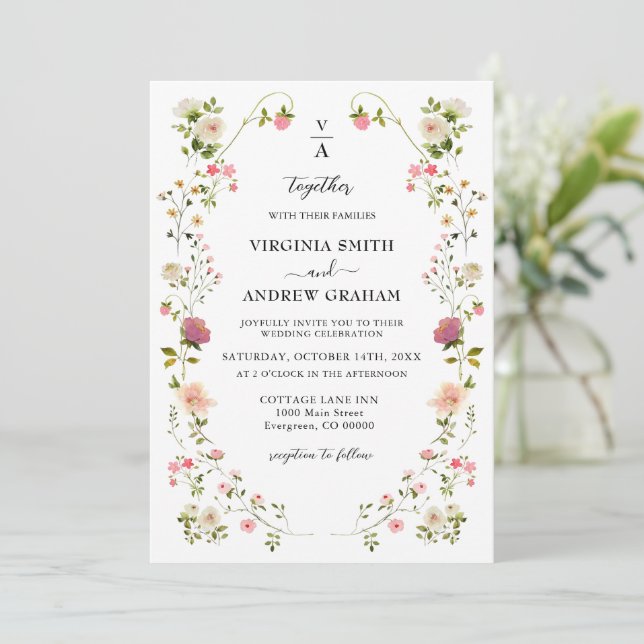 Elegant Colourful Wildflower Wedding monogram Invitation (Standing Front)