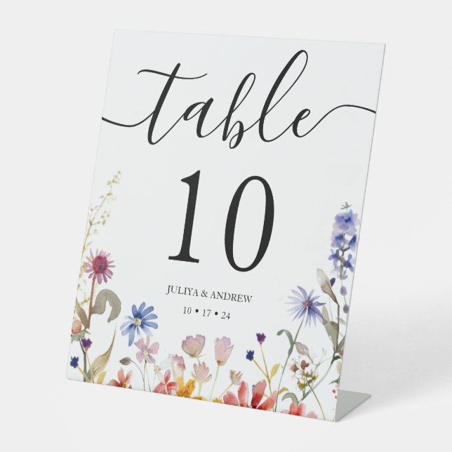 Elegant colourful wildflower wedding table number pedestal sign (Front)