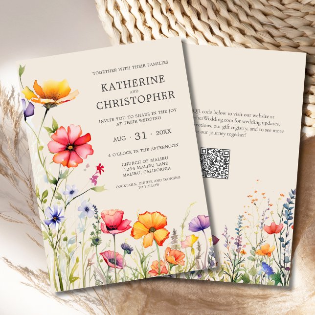 Elegant Colourful Wildflowers Beige Wedding Invitation (Elegant Colorful Wildflowers Wedding Invitation with orange, red, purple flowers, qr code.)