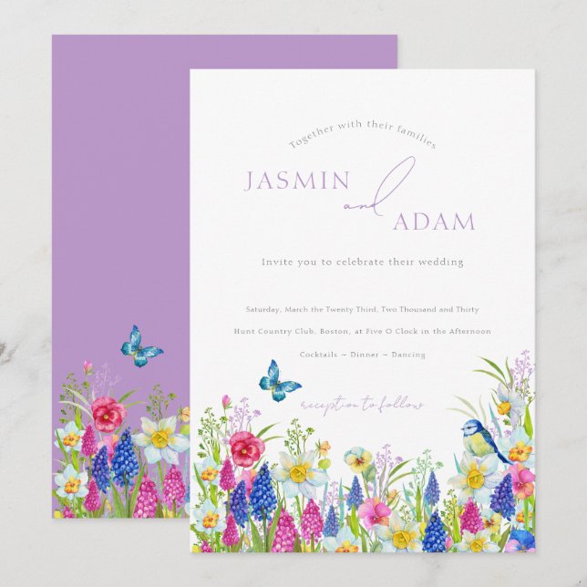Elegant Colourful Wildflowers Butterflies Wedding Invitation (Front/Back)