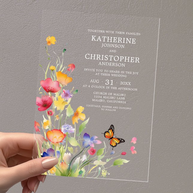 Elegant Colourful Wildflowers Butterfly Wedding Acrylic Invitations (Elegant Colorful Wildflowers Butterfly Clear Acrylic Wedding Invitation with Couple First Last Names)