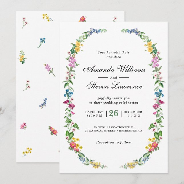 Elegant colourful wildflowers garden wedding invitation (Front/Back)