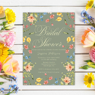 Elegant Colourful Wildflowers Sage Bridal Shower  Invitation