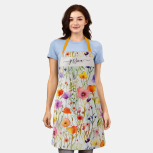 Elegant colourful wildflowers script name apron