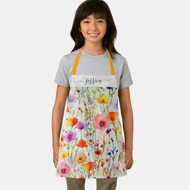 Elegant colourful wildflowers script name girl apron (Insitu)