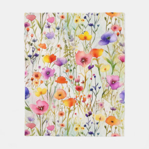 Elegant colourful wildflowers watercolor fleece blanket