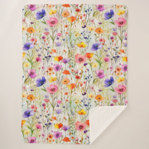Elegant colourful wildflowers watercolor sherpa blanket