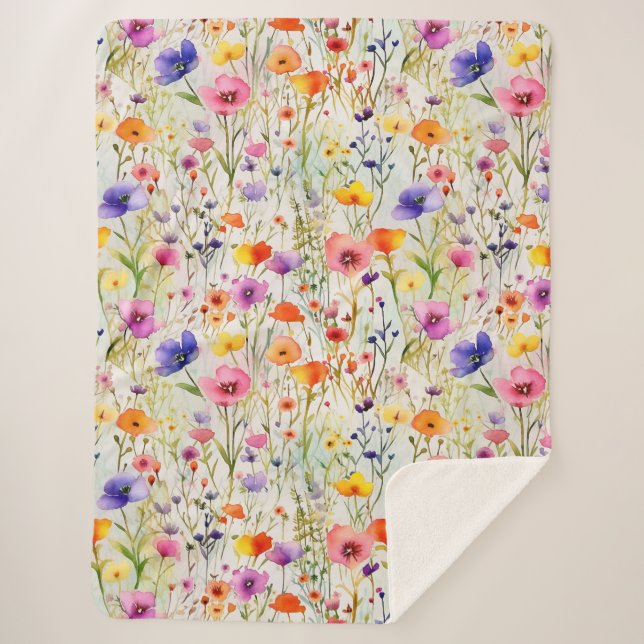 Elegant colourful wildflowers watercolor sherpa blanket (Front)