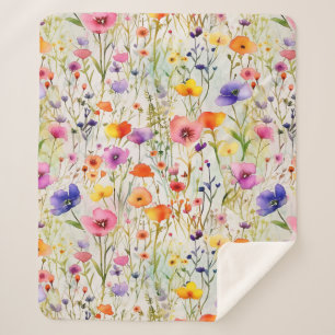Elegant colourful wildflowers watercolor sherpa blanket