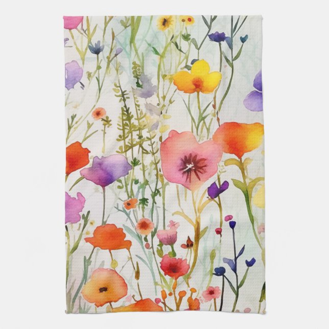 Elegant colourful wildflowers watercolor tea towel (Vertical)