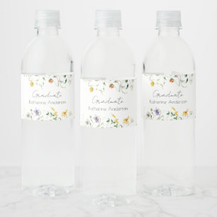 Elegant Colourful Wildflowers White Graduate Party Water Bottle Label