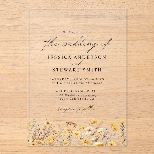 Elegant Colourful Yellow Wildflowers Wedding Acrylic Invitations (Front)
