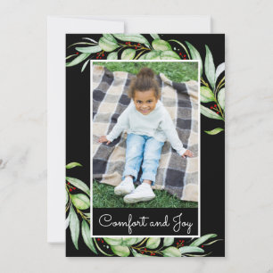 Elegant Comfort & Joy Greenery Photo Christmas Holiday Card