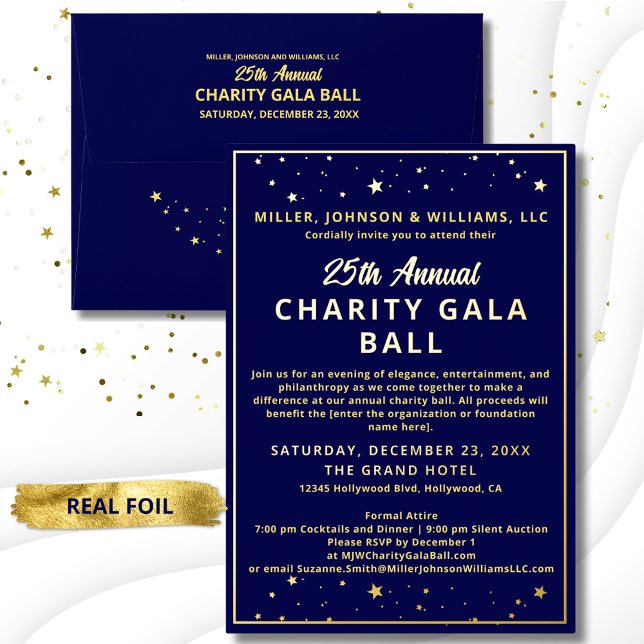 Elegant Company Charity Gala Ball Blue Budget (Elegant Charity Gala Ball invitation with real gold foil accents.)