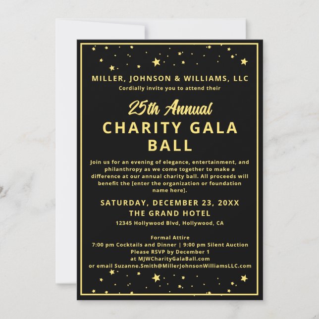 Elegant Company Charity Gala Ball Budget Black Invitation (Front)