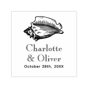Elegant Conch Seashell Couple Names Date Monogr Self-inking Stamp