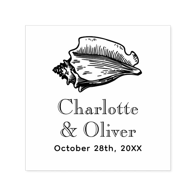 Elegant Conch Seashell Couple Names Date Monogr Self-inking Stamp (Design)