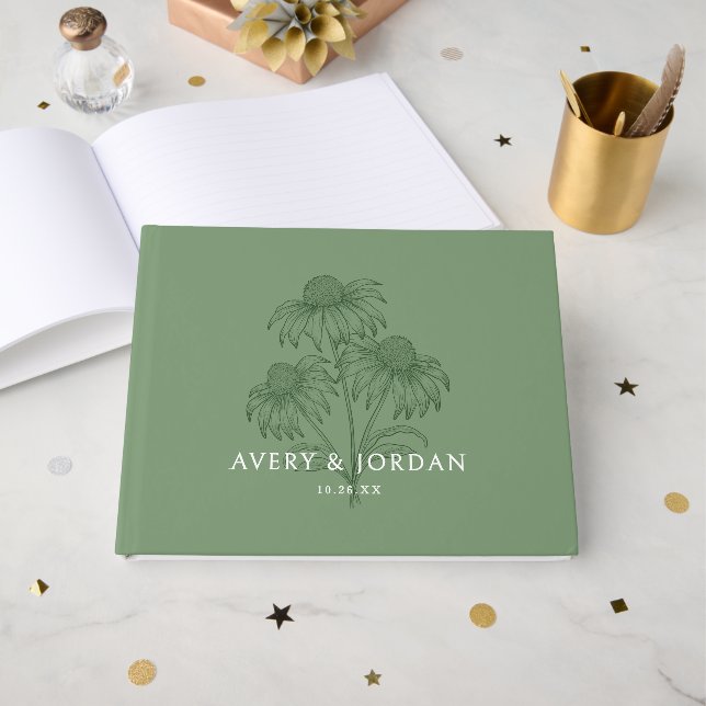 Elegant Coneflower Botanical Sage Green Wedding Guest Book (Front Open)