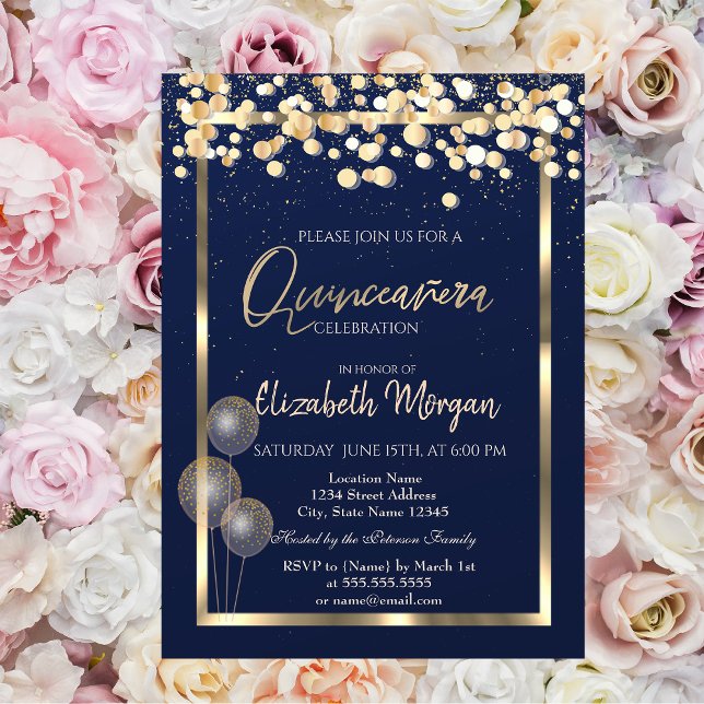 Elegant Confetti Balloons Navy Blue Quinceañera Invitation (Creator Uploaded)