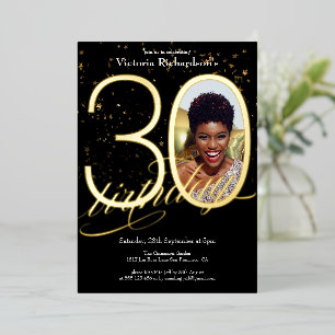 Elegant Confetti Black Gold Photo 30th Birthday