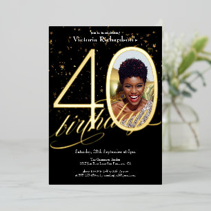 Elegant Confetti Black Gold Photo 40th Birthday