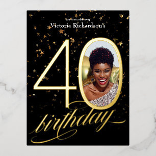 Elegant Confetti Black Gold Photo 40th Birthday  Foil Invitation Postcard