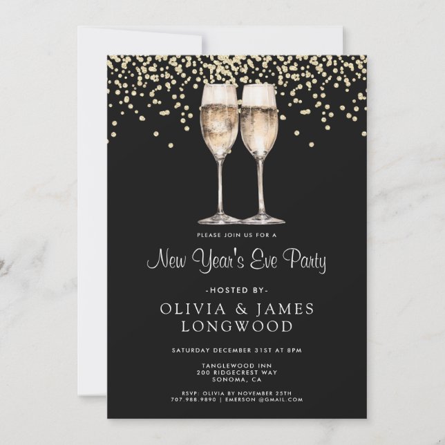 Elegant Confetti Champagne Glasses New Year's Eve  Invitation (Front)
