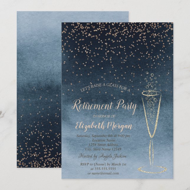 Elegant Confetti Glass Blue OmbreRetirement Invitation (Front/Back)
