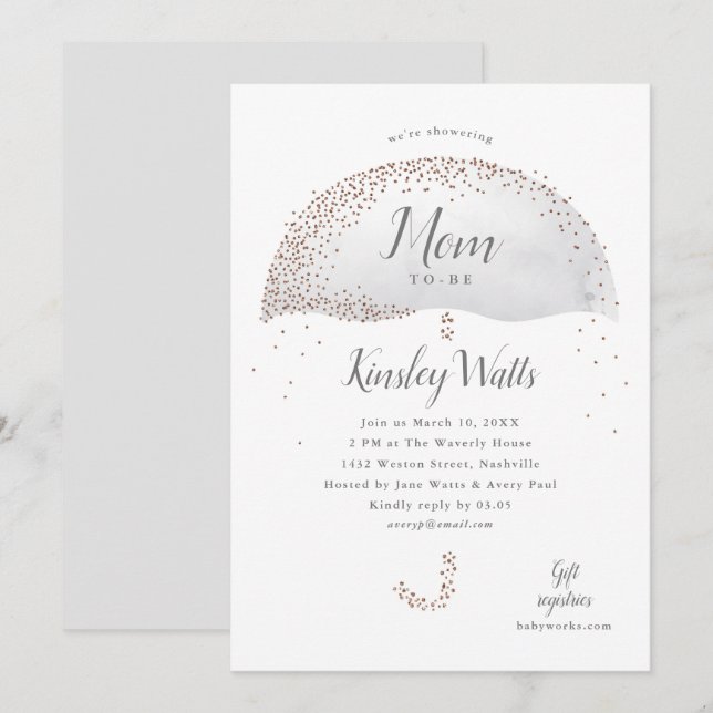 Elegant Confetti Glitter Umbrella Grey Baby Shower Invitation (Front/Back)