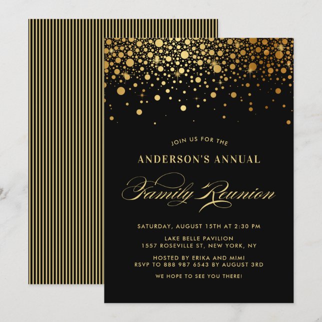 Elegant Confetti Gold Foil Black Family Reunion Invitation (Front/Back)