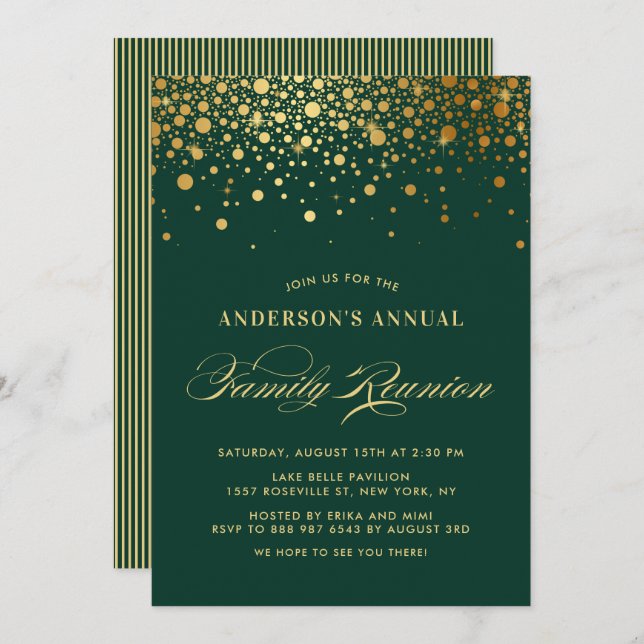 Elegant Confetti Gold Foil Green Family Reunion Invitation (Front/Back)