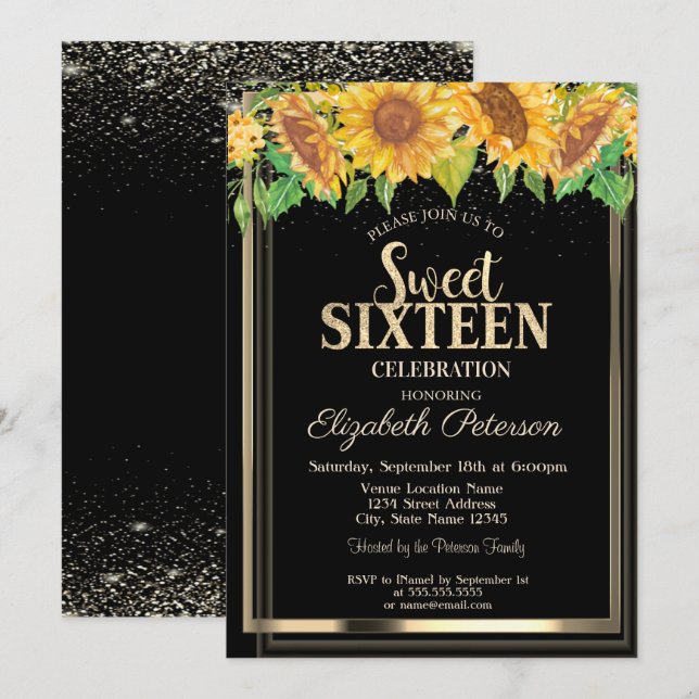Elegant Confetti Gold Frame Sunflowers Sweet 16 Invitation (Front/Back)