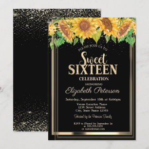 Elegant Confetti Gold Frame Sunflowers Sweet 16 Invitation