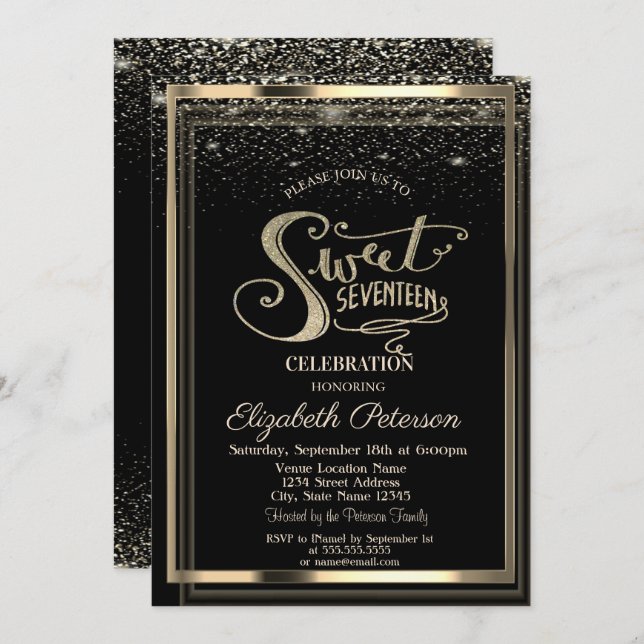 Elegant Confetti Gold Frame Sweet 17 Birthday Invitation (Front/Back)