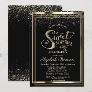 Elegant Confetti Gold Frame Sweet 17 Birthday Invitation