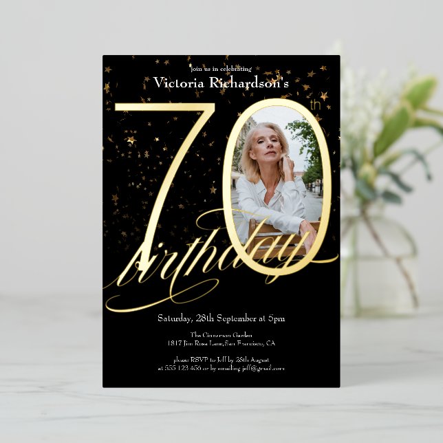 Elegant Confetti Photo Black Gold 70th Birthday (Standing Front)